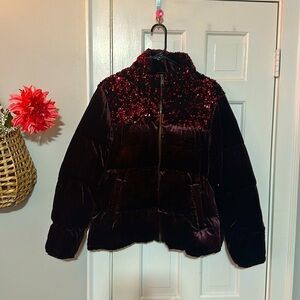 Anthropologie mauve sequin velvet puffer coat